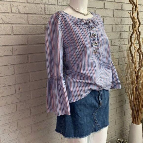 Tommy Hilfiger Women Bell Sleeve Lace-Up Striped Blouse Size L - Picture 4 of 11